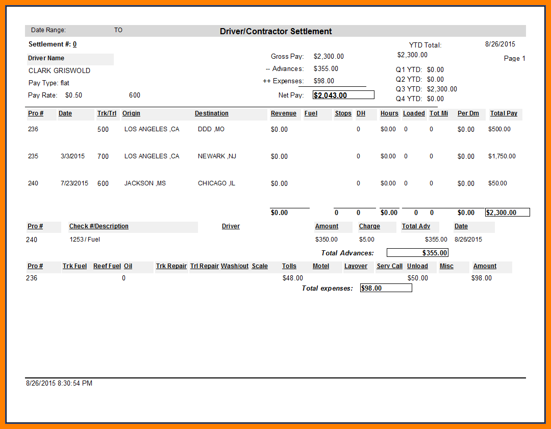 truck driver pay stub template